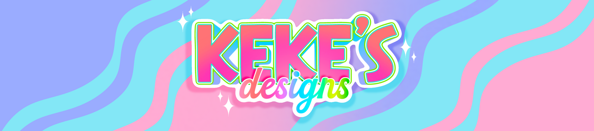 Colorful banner with 'KEKE's designs' logo and website URL on a pastel background.